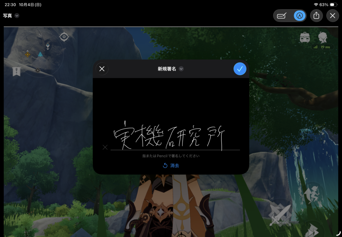 iPad AirでPDFに署名を追加するため、マークアップ機能の署名入力画面を開いている様子
