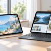 iPad Airのおすすめモデルを用途別に比較するイメージ。ペン入力用とキーボード作業用の2台のタブレットを並べた様子