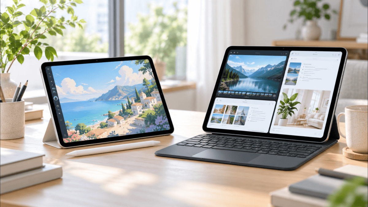 iPad Airのおすすめモデルを用途別に比較するイメージ。ペン入力用とキーボード作業用の2台のタブレットを並べた様子