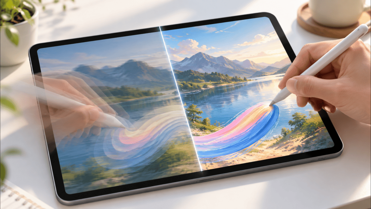 iPad Airの60Hzと120Hzのリフレッシュレートの違いを画面の滑らかさで表現したイメージ
