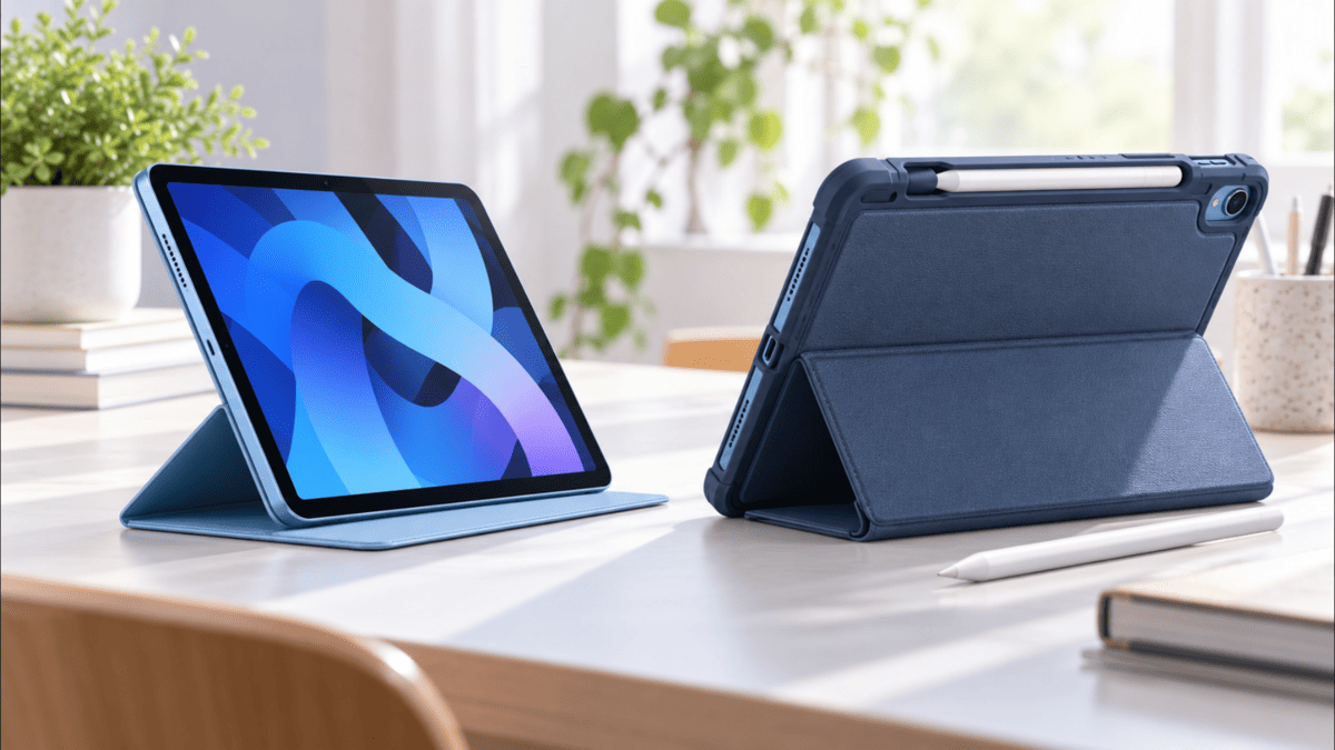 iPad Air用の薄型Smart Folioタイプのケースとペン収納付き耐衝撃ケースを並べて比較したイメージ