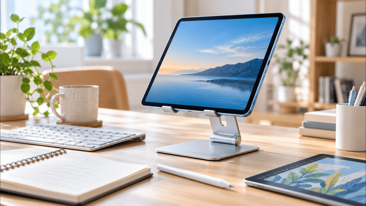 iPad Airを金属製の卓上スタンドに置き、キーボードやタッチペンと一緒に使用しているデスク