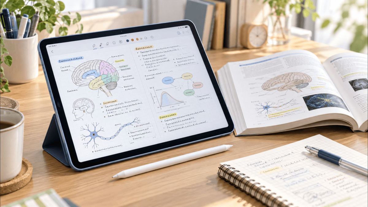 iPad Airとスタイラスペン、参考書を使って勉強しているデスクの様子