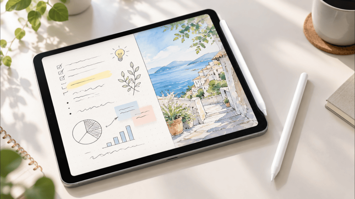 iPad Air風タブレットと2本のタッチペンを並べ、メモとイラスト用途を比較しているイメージ