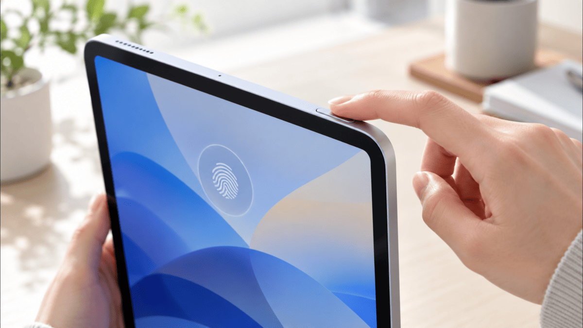 iPad Airのトップボタンに指を触れてTouch IDで指紋認証している様子