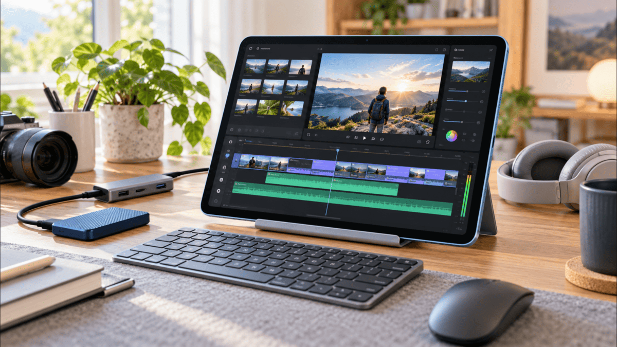 iPad Airで動画編集を行い、外付けSSDやUSB-Cハブ、キーボードを組み合わせた作業環境