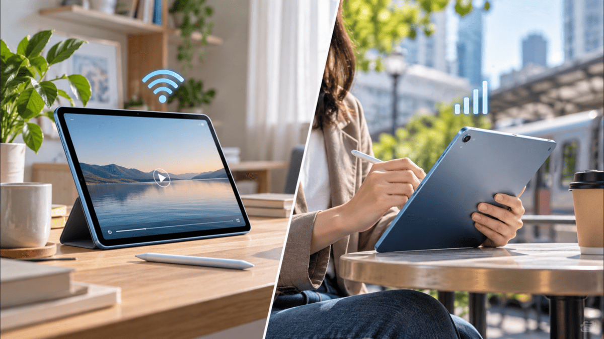 iPad AirのWi-FiモデルとCellularモデルの利用シーンを室内と外出先で比較したイメージ