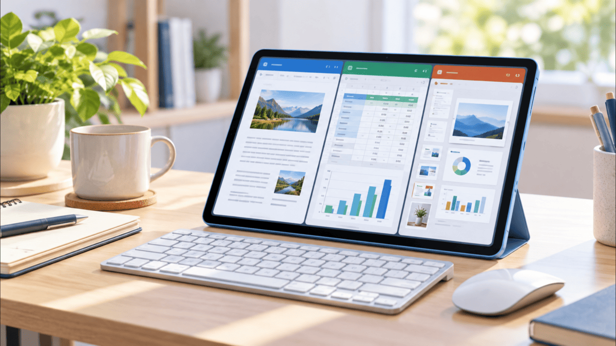 iPad AirでWordやExcelなどのOffice作業を行うためキーボードとマウスを組み合わせたデスク環境
