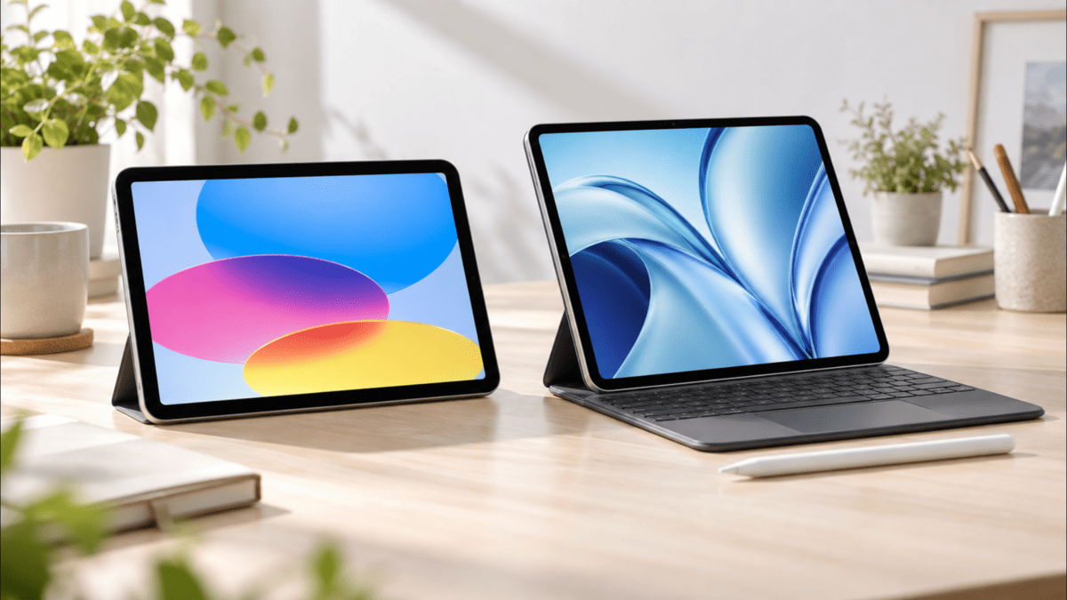 無印iPadとiPad Airの違いを比較するイメージとして2台のタブレットを並べた様子