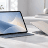 PITAKAのiPad Air用薄型ケースをイメージした比較画像。スタンドとして立てたタブレットと薄型フォリオケースを並べた様子