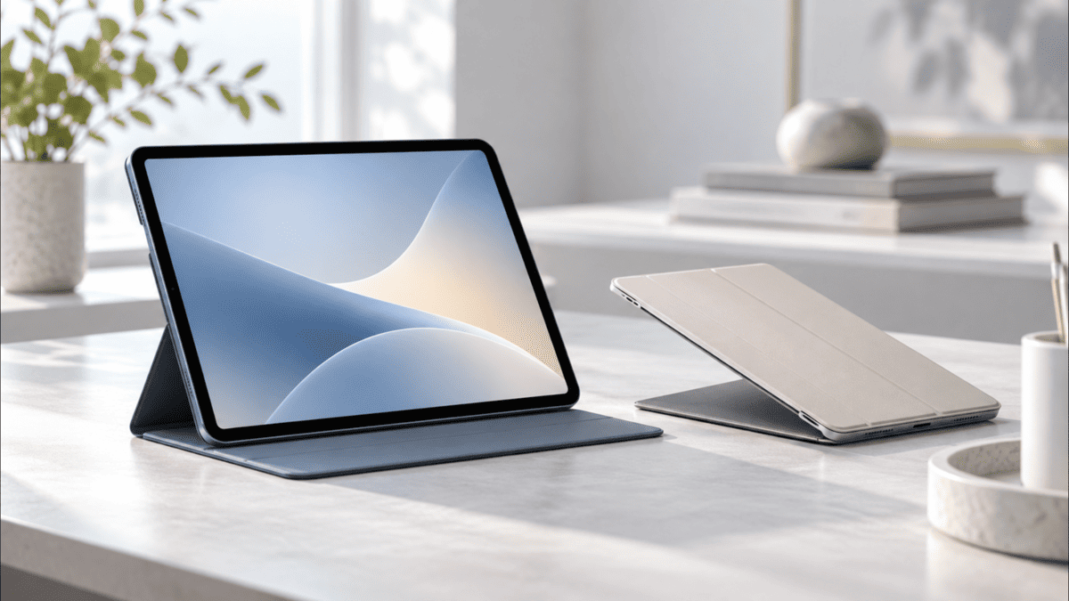PITAKAのiPad Air用薄型ケースをイメージした比較画像。スタンドとして立てたタブレットと薄型フォリオケースを並べた様子