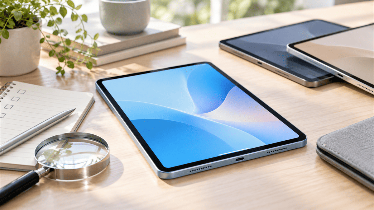 中古iPad Airを比較するイメージとして複数のタブレットと虫眼鏡を並べたデスク